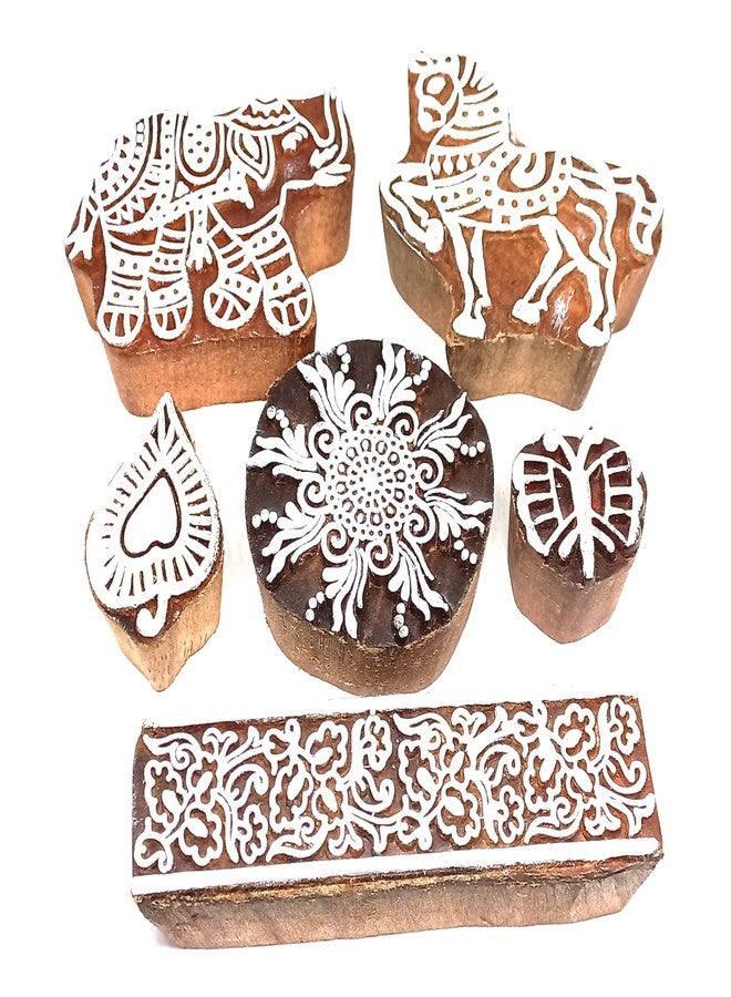 MasterLock Wooden Stamps Elephant, Horse, Paan, Butterfly, Border Printing Blocks - Image 1